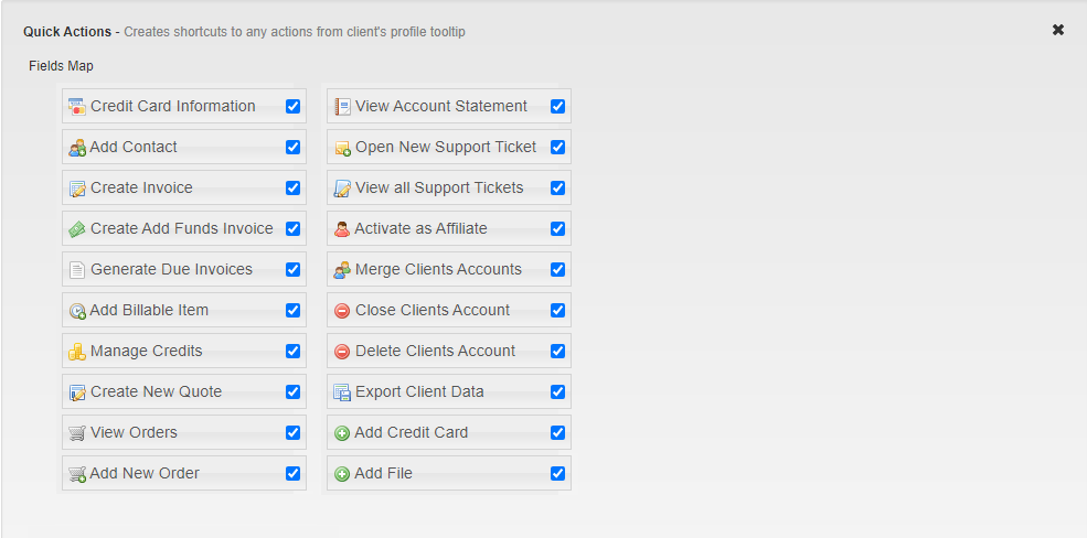 Client Profile Viewer For WHMCS: Quick Actions widget settings with a Fields Map of action checkboxes
