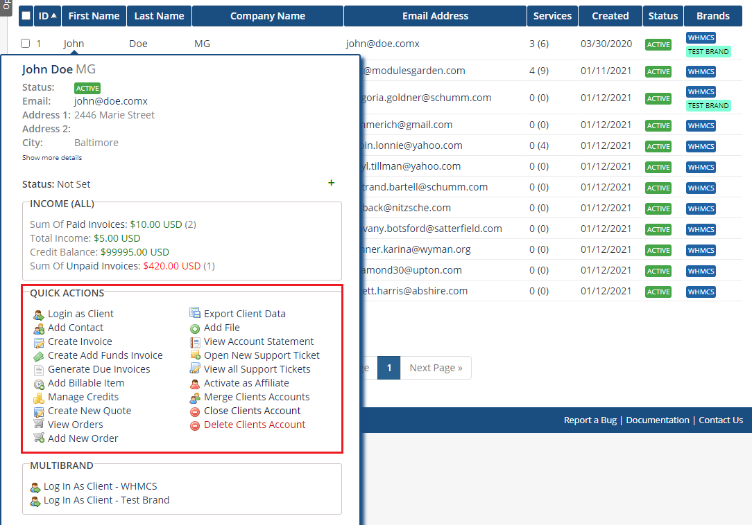 Client Profile Viewer For WHMCS: client tooltip with the Quick Actions widget listing shortcuts to client actions