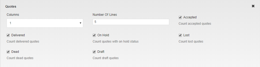 Client Profile Viewer For WHMCS: Quotes widget settings with columns, number of lines and quote status checkboxes