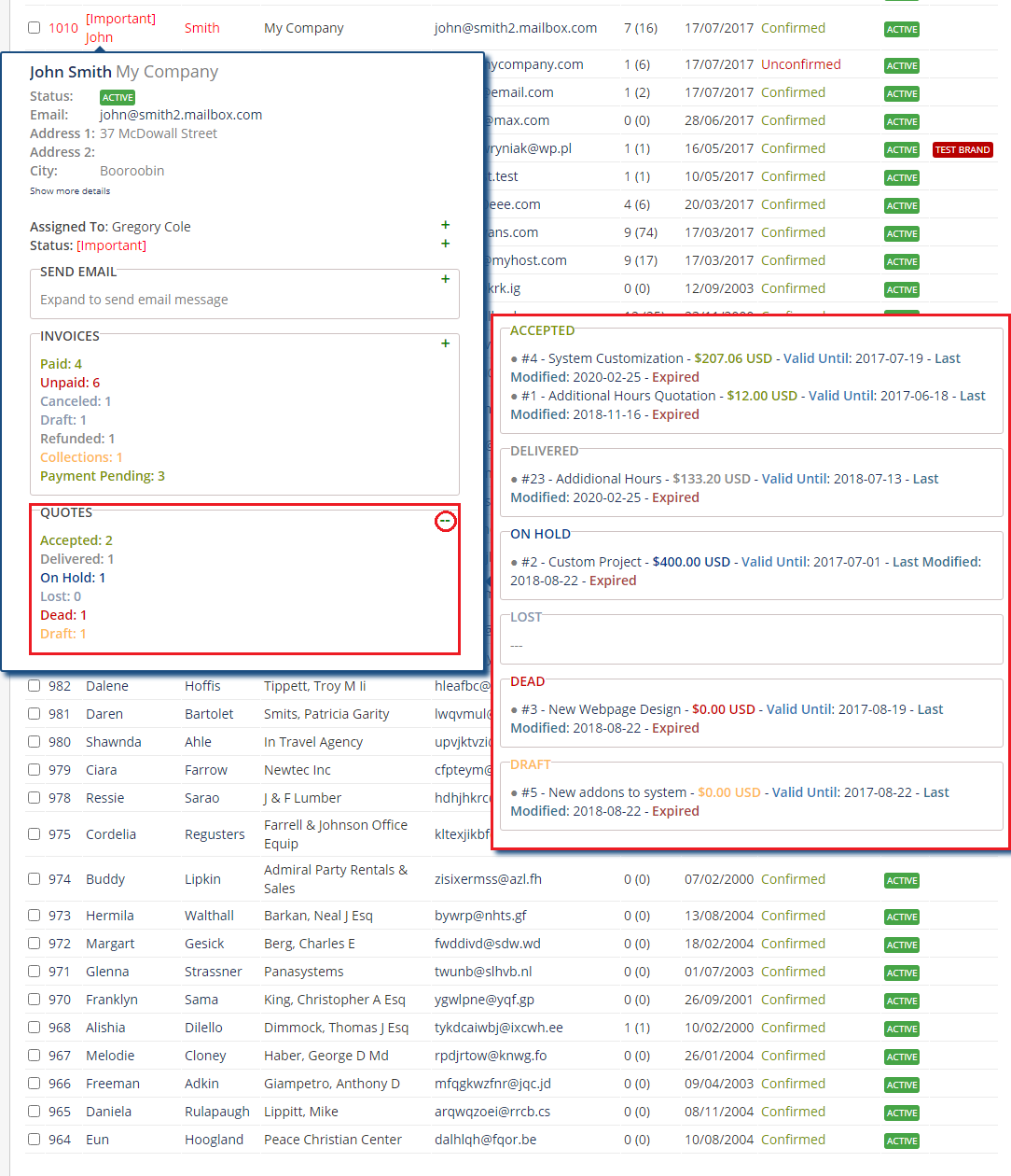 Client Profile Viewer For WHMCS: client tooltip with the Quotes widget counts and the expanded list of quotes by status