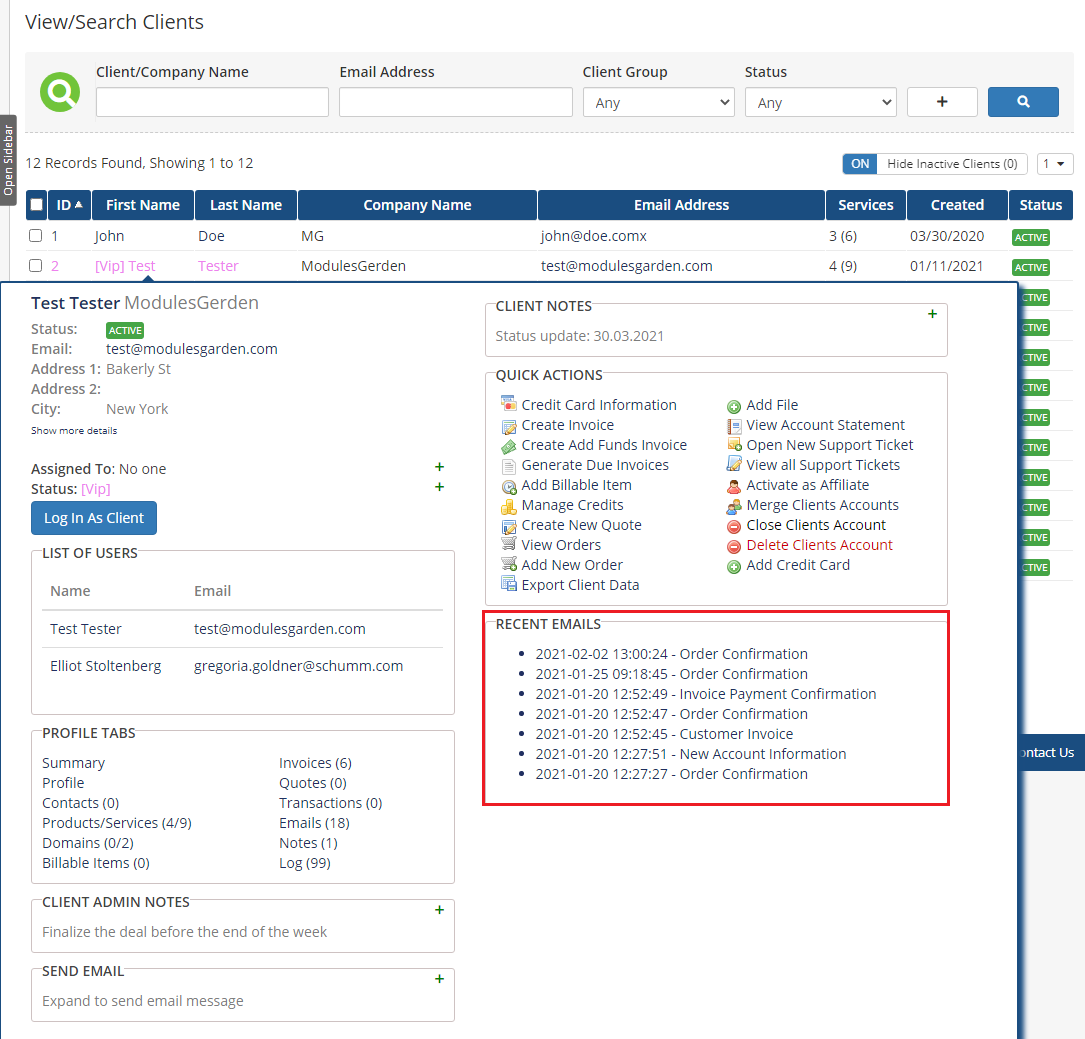 Client Profile Viewer For WHMCS: client tooltip with the Recent Emails widget listing the last emails with date and