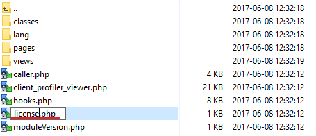 Client Profile Viewer For WHMCS: file manager showing the licenseRENAME.php file being renamed to license.php