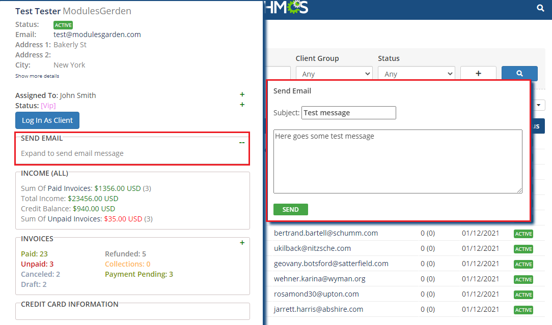 Client Profile Viewer For WHMCS: client tooltip with the Send Email widget open with subject, message and Send