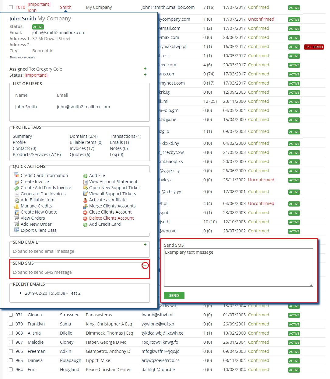 Client Profile Viewer For WHMCS: client tooltip with the Send SMS widget expanded into a message box and Send button