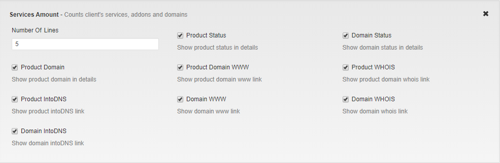 Client Profile Viewer For WHMCS: Services Amount widget settings with number of lines and link checkboxes