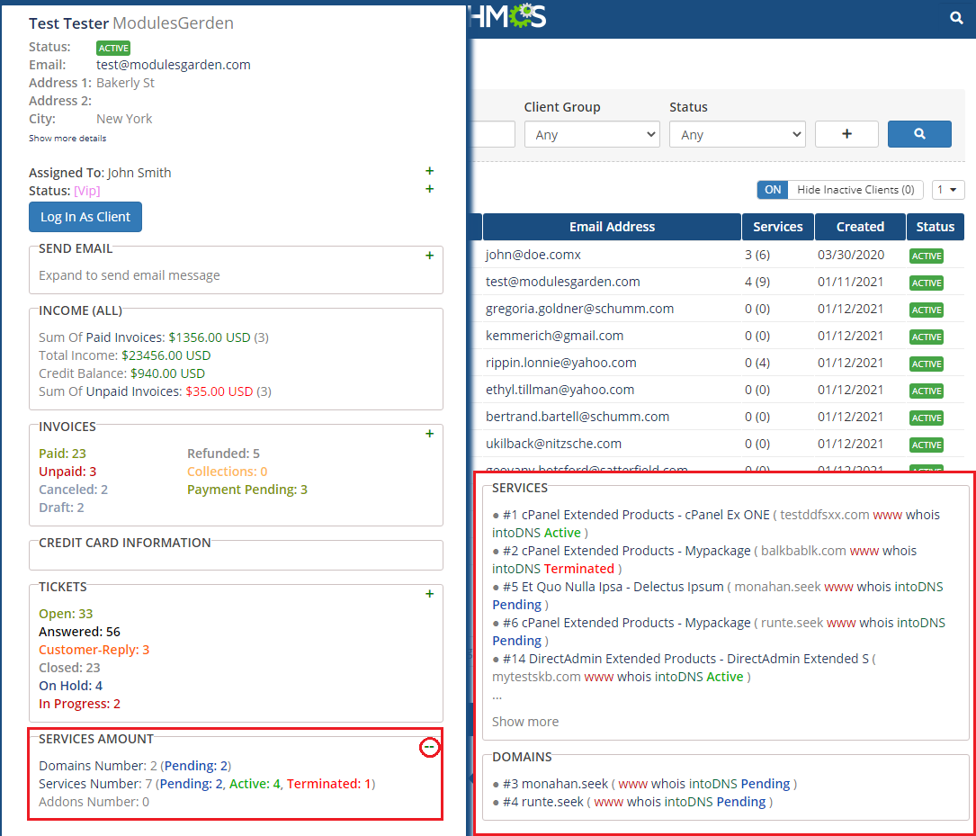 Client Profile Viewer For WHMCS: client tooltip with the Services Amount widget and the expanded list of services and