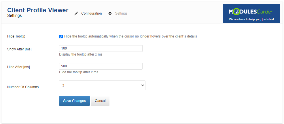 Client Profile Viewer For WHMCS: Settings tab with Hide Tooltip, Show After, Hide After and Number Of Columns