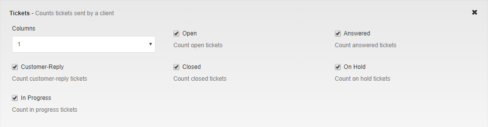 Client Profile Viewer For WHMCS: Tickets widget settings with the Columns dropdown and ticket status checkboxes