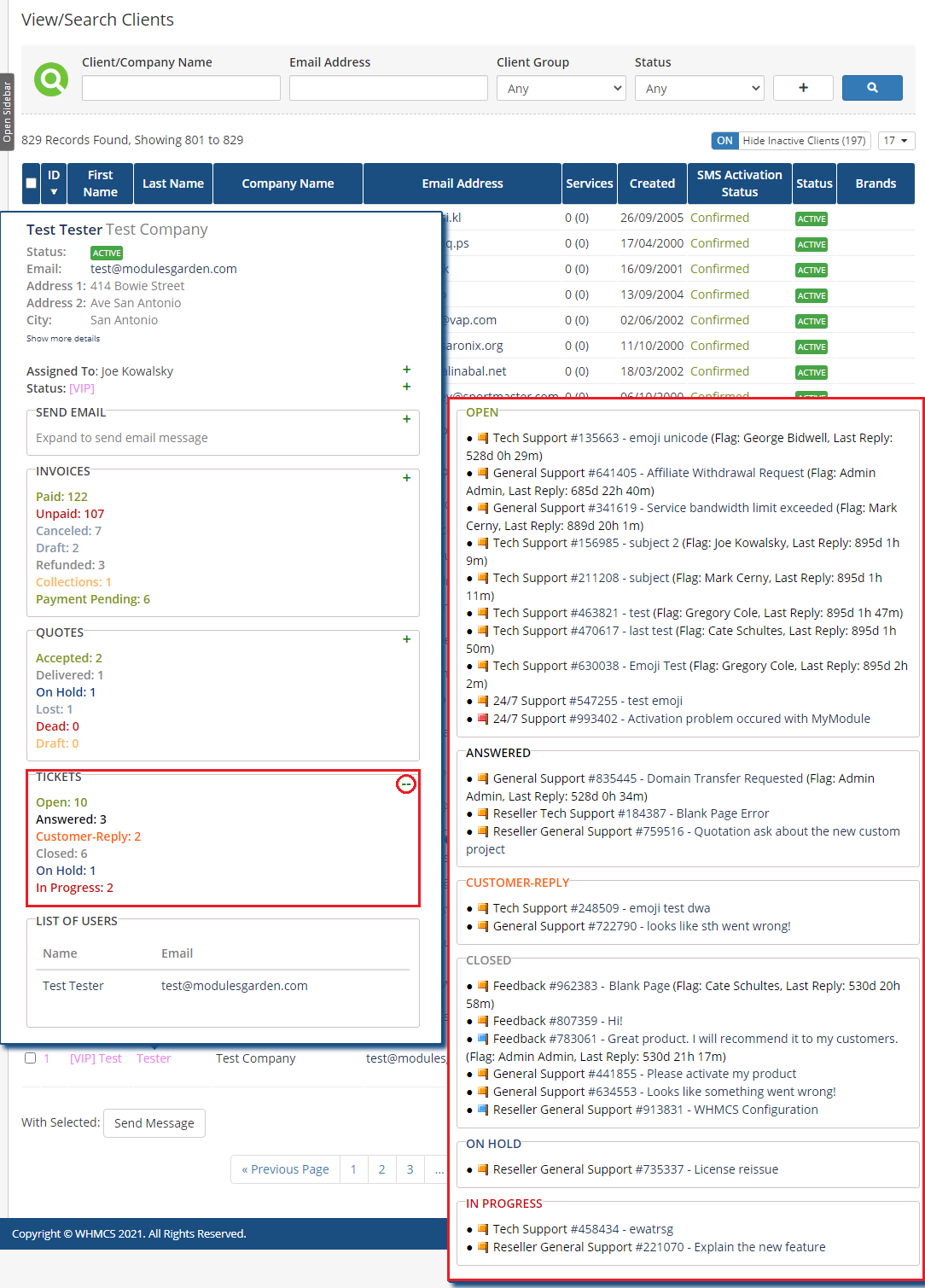 Client Profile Viewer For WHMCS: client tooltip with the Tickets widget counts and the expanded ticket lists by status