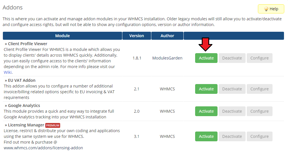 Client Profile Viewer For WHMCS: WHMCS Addon Modules list with the Activate button next to Client Profile Viewer