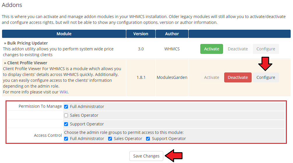 Client Profile Viewer For WHMCS: WHMCS Addon Modules access control with admin role checkboxes and Save Changes