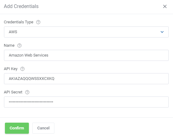 Cloud Billing For WHMCS: the Add Credentials form for AWS type with name, API key and API secret fields