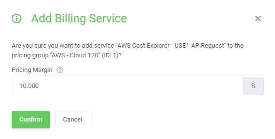 Cloud Billing For WHMCS: Add Billing Service confirmation dialog with the pricing margin field