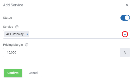 Cloud Billing For WHMCS: Add Service dialog with status, service drop-down and pricing margin