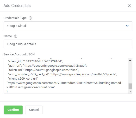 Cloud Billing For WHMCS: the Add Credentials form for Google Cloud type with a name and the Service Account JSON field