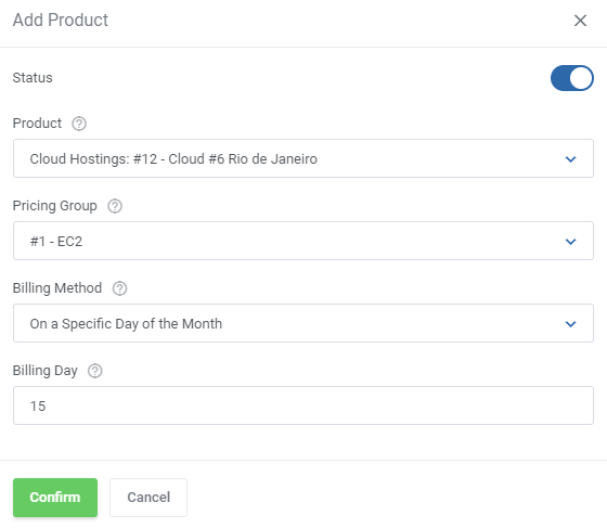 Cloud Billing For WHMCS: Add Product dialog with product, pricing group, billing method and billing day