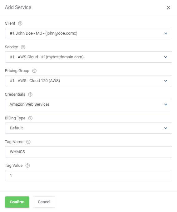 Cloud Billing For WHMCS: Add Service dialog for Amazon Web Services with billing type Default, tag name and tag value