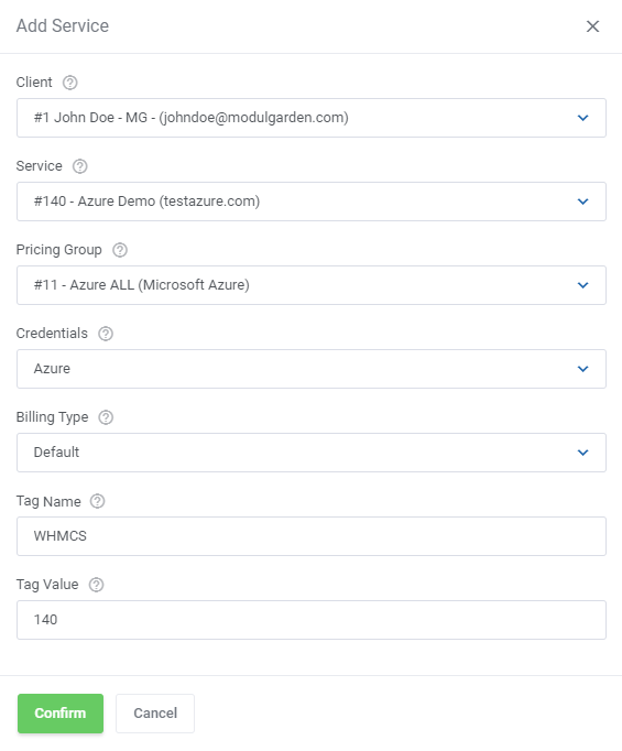 Cloud Billing For WHMCS: Add Service dialog for Microsoft Azure with billing type Default, tag name and tag value