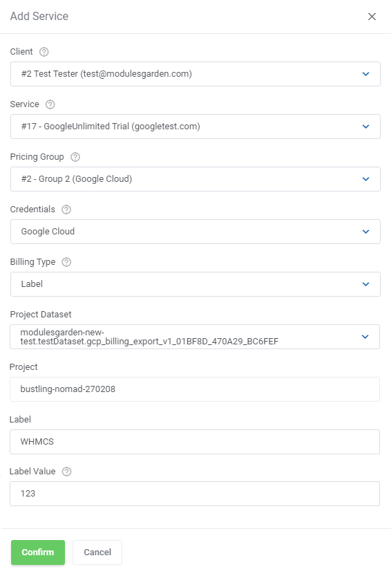 Cloud Billing For WHMCS: Add Service dialog for Google Cloud with billing type Label, project dataset and label value