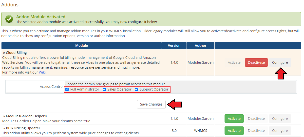 Cloud Billing For WHMCS: the WHMCS Addon Modules page with the Access Control admin role groups and Save Changes button