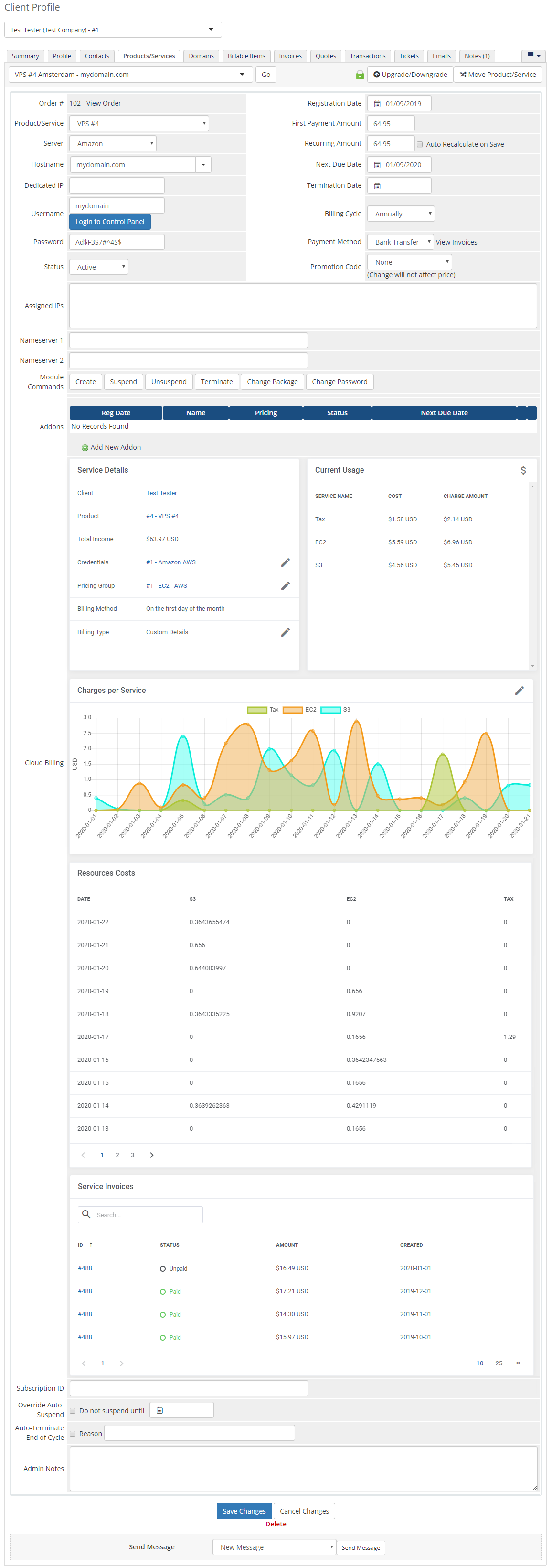 Cloud Billing For WHMCS: WHMCS admin client product page with the Cloud Billing section showing usage, charges and