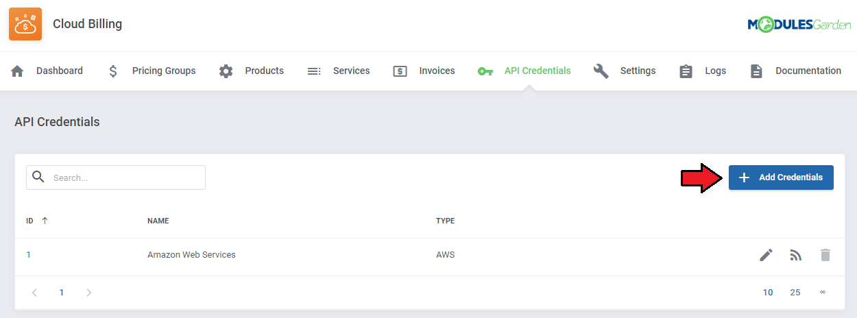 Cloud Billing For WHMCS: the API Credentials list with an AWS entry and the Add Credentials button highlighted