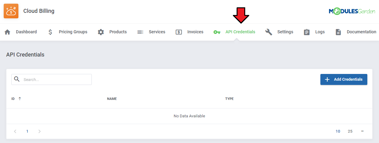 Cloud Billing For WHMCS: the module API Credentials tab with an empty credentials list and the Add Credentials button