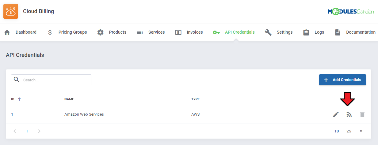 Cloud Billing For WHMCS: the API Credentials list with the Test Connection icon highlighted next to the AWS entry