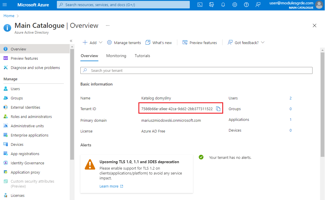 Cloud Billing For WHMCS: the Microsoft Azure Active Directory Overview page with the Tenant ID highlighted