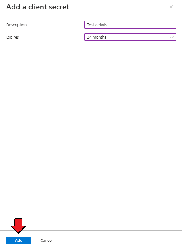 Cloud Billing For WHMCS: Azure Add a client secret panel with description, expiration and the Add button