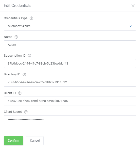 Cloud Billing For WHMCS: WHMCS Edit Credentials form for Microsoft Azure with subscription, directory, client ID and