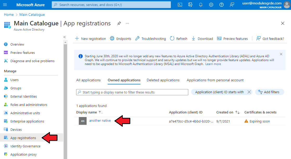 Cloud Billing For WHMCS: Microsoft Azure App registrations page with the Owned applications tab and an application name