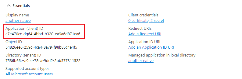Cloud Billing For WHMCS: the Microsoft Azure application Essentials section with the Application (client) ID highlighted