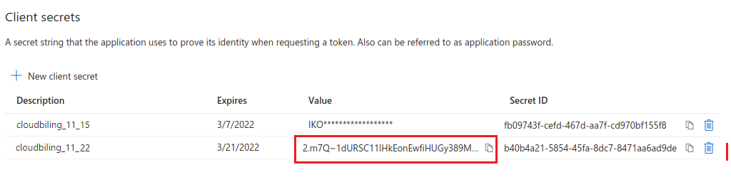 Cloud Billing For WHMCS: Azure Client secrets list with the new secret value highlighted for copying