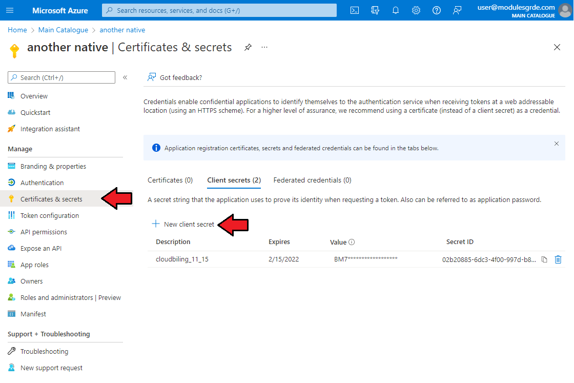 Cloud Billing For WHMCS: Azure Certificates & secrets page with the New client secret button