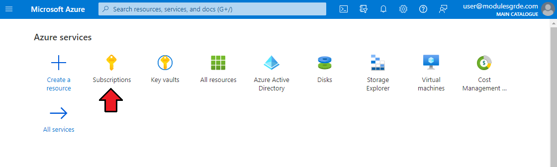 Cloud Billing For WHMCS: the Microsoft Azure portal home page with the Subscriptions service icon highlighted