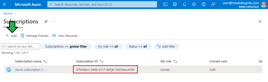 Cloud Billing For WHMCS: the Microsoft Azure Subscriptions page with the Add button and the Subscription ID highlighted
