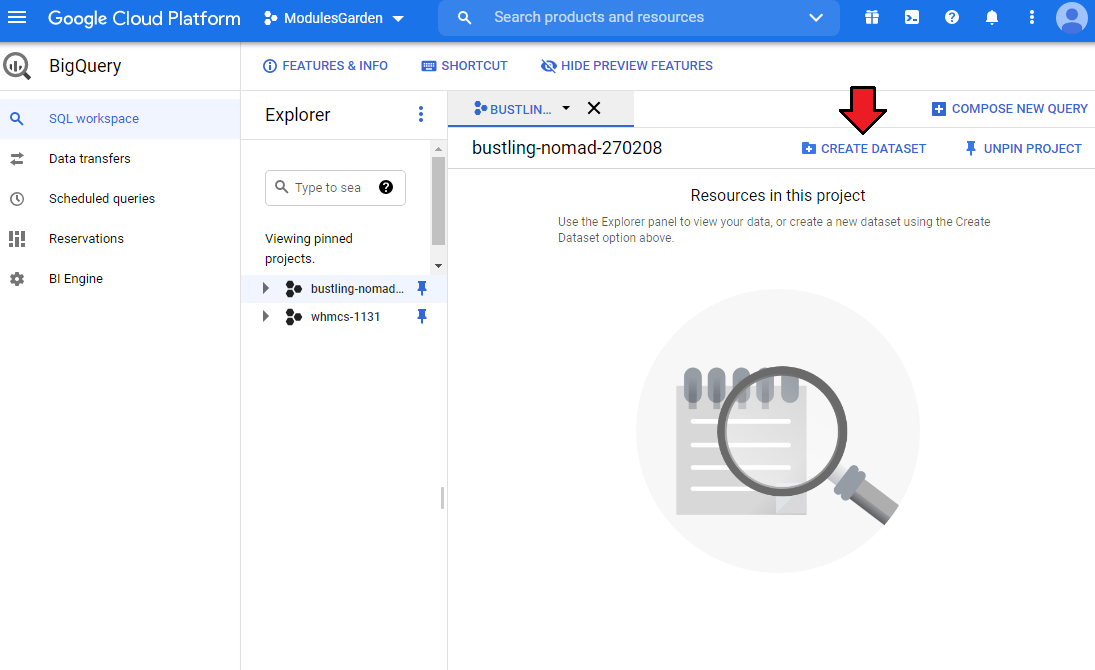 Cloud Billing For WHMCS: the Google Cloud BigQuery SQL workspace with the Create Dataset button for a project