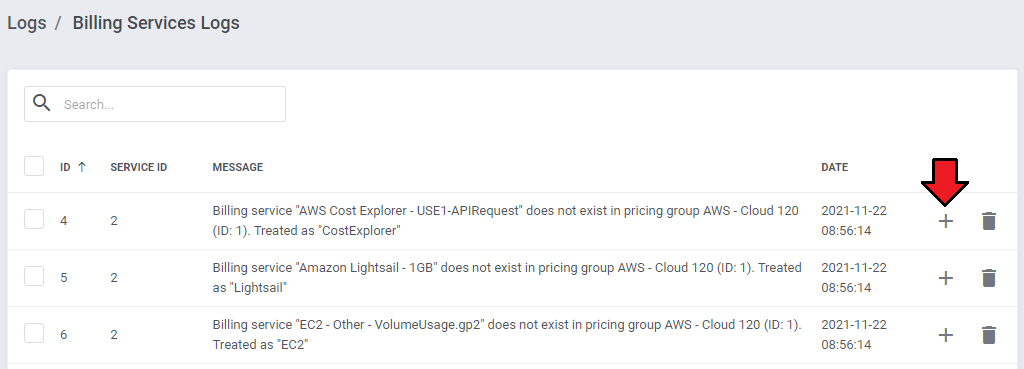 Cloud Billing For WHMCS: Billing Services Logs list with the plus icon highlighted next to a billing service entry