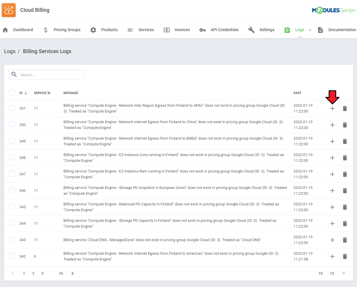Cloud Billing For WHMCS: Billing Services Logs page with the plus icon highlighted next to a log entry