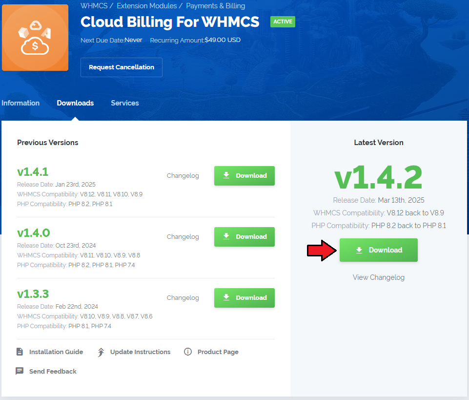 Cloud Billing For WHMCS: the client area product Downloads tab with the Download button for the latest version