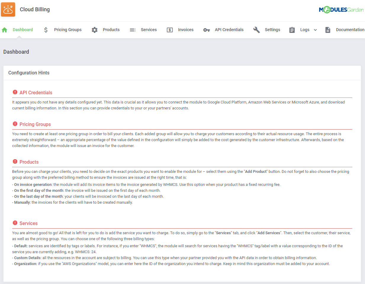Cloud Billing For WHMCS: the Cloud Billing module Dashboard in the WHMCS admin area with configuration hints