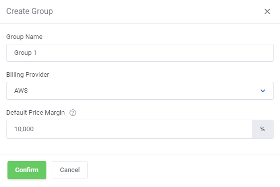 Cloud Billing For WHMCS: Create Group dialog with group name, billing provider and default price margin