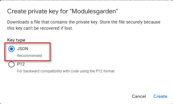 Cloud Billing For WHMCS: the Google Cloud Create private key dialog with the JSON key type selected