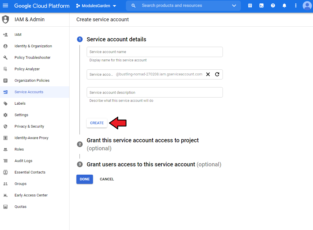 Cloud Billing For WHMCS: the Google Cloud Create service account form with name and description fields and Create button