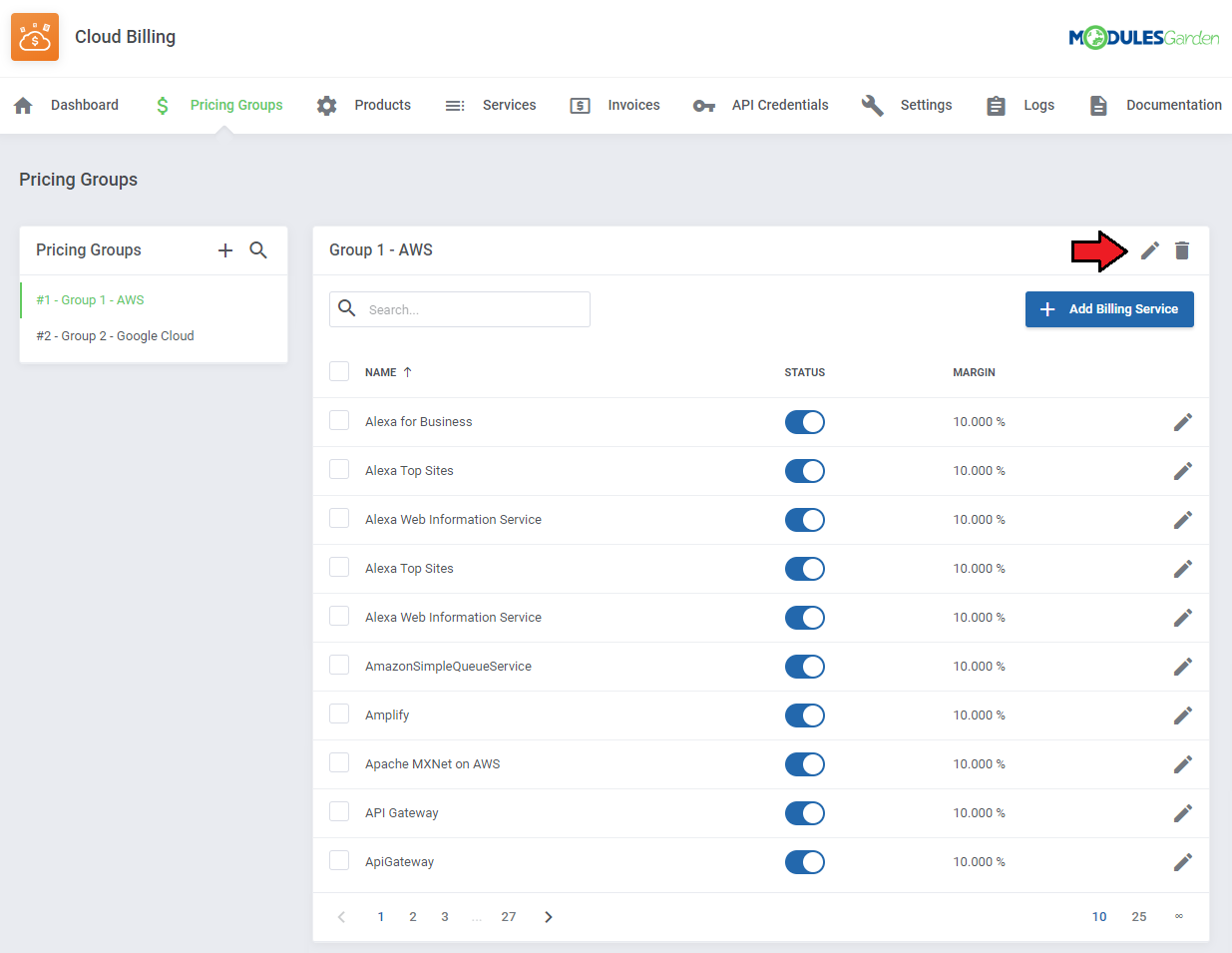 Cloud Billing For WHMCS: Pricing group page with the edit icon next to the group name