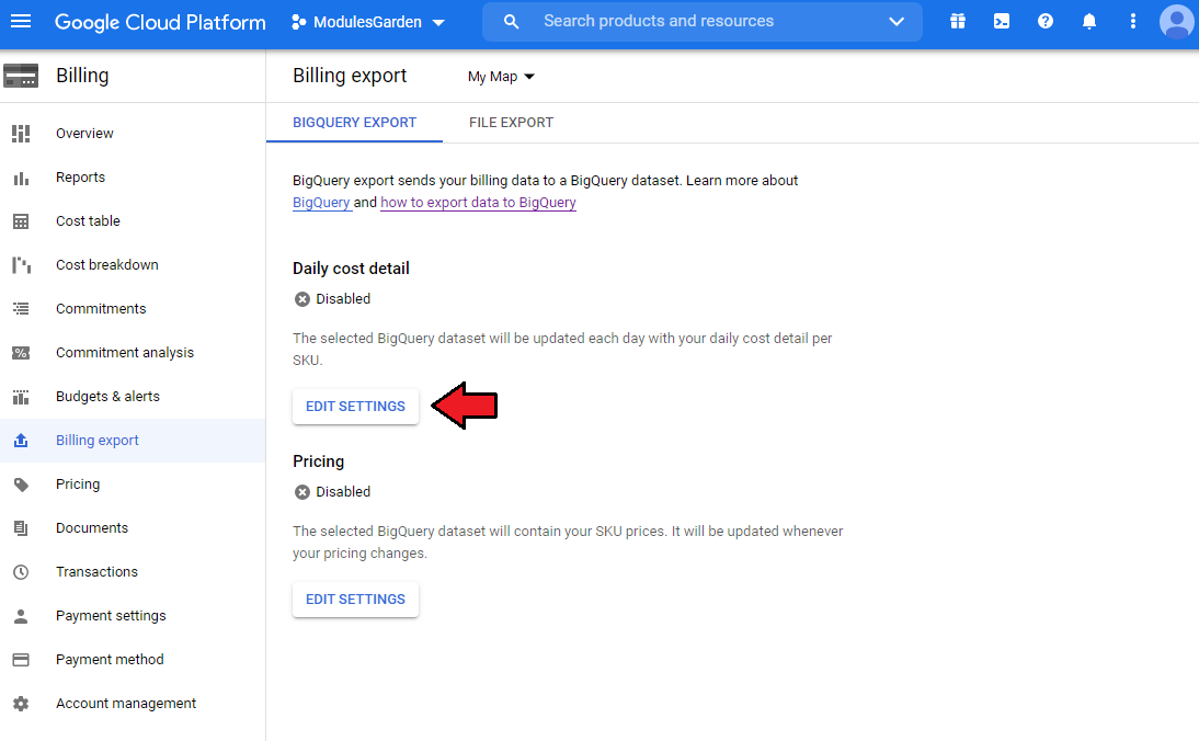 Cloud Billing For WHMCS: Google Cloud Platform Billing export page with the Edit Settings button under Daily cost detail