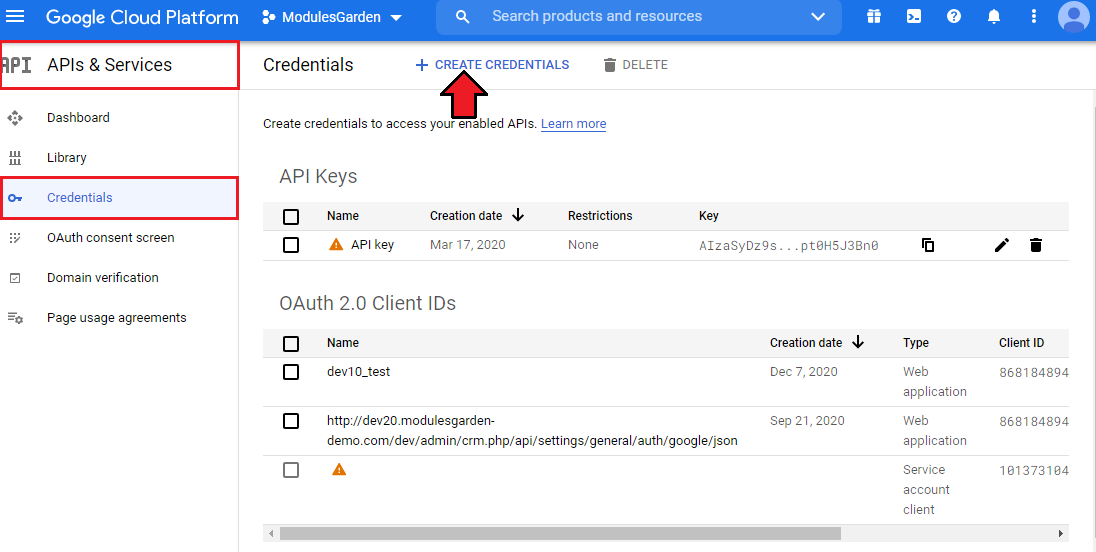 Cloud Billing For WHMCS: Google Cloud APIs & Services Credentials page with the Create Credentials button highlighted