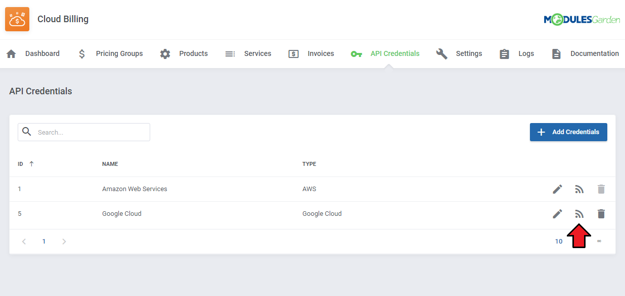 Cloud Billing For WHMCS: the API Credentials list with the Test Connection icon highlighted next to the Google Cloud