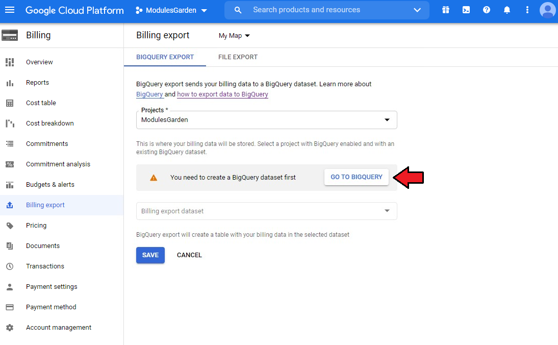 Cloud Billing For WHMCS: Google Cloud billing export with the create dataset notice and the Go To BigQuery button